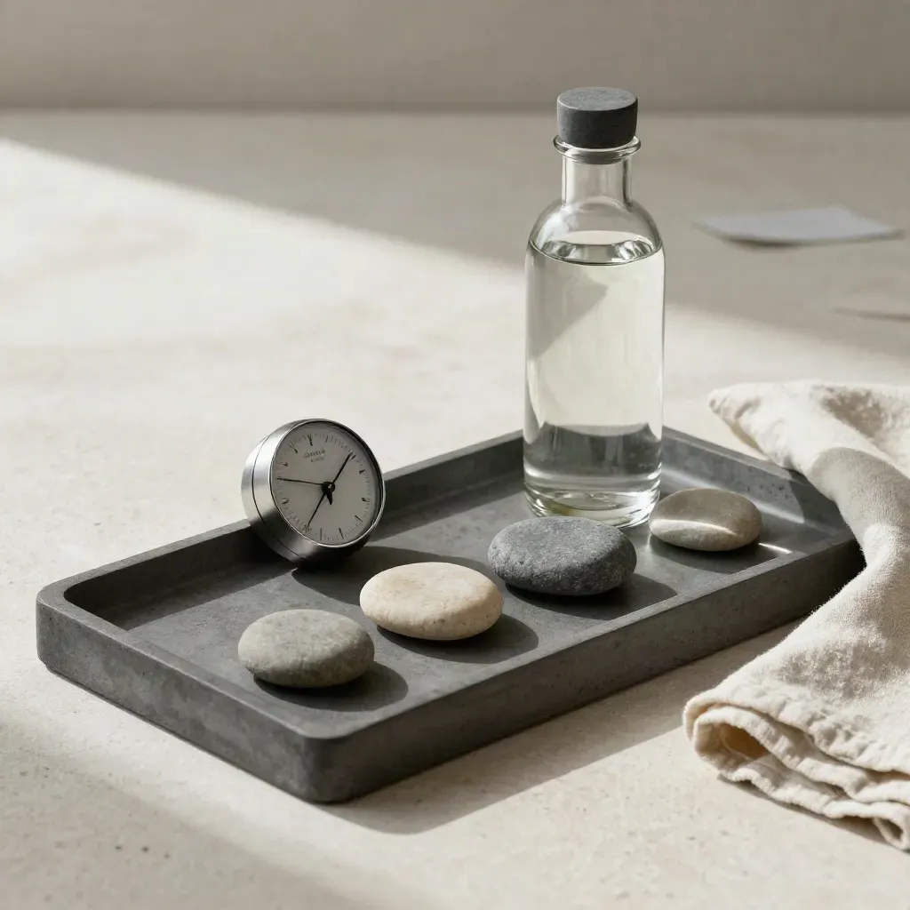 Charcoal tray with four stones, a timer, glass bottle and linen cloth on pale stone.