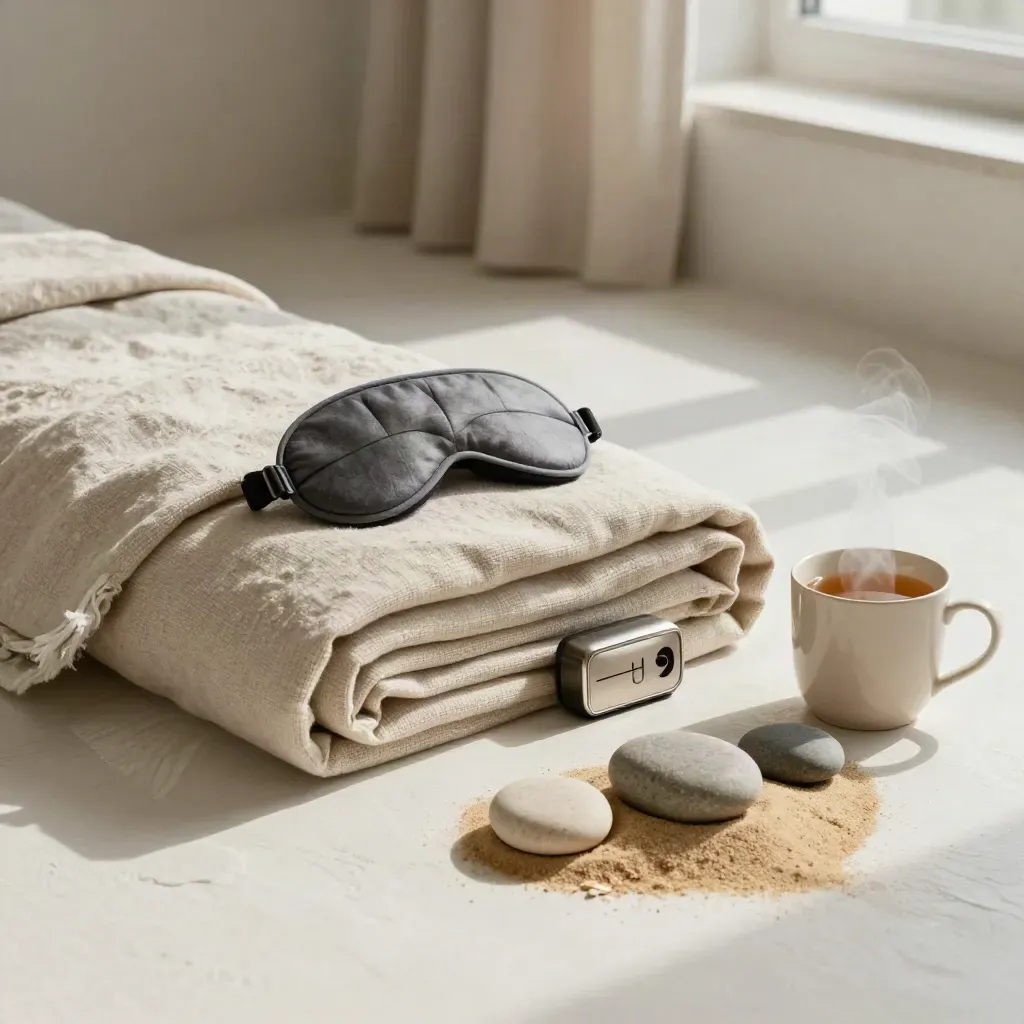 Linen blanket, eye mask, tea and timer staged on pale plaster with breathing stones and soft steam.