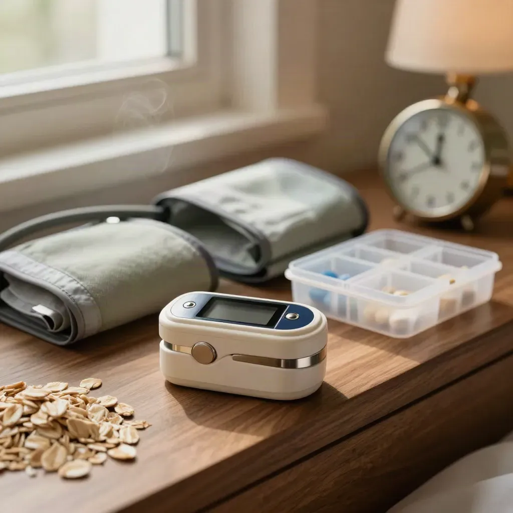 Macro bedside symptom tracking kit with monitor, cuff, pill sorter, and timer on a walnut shelf.