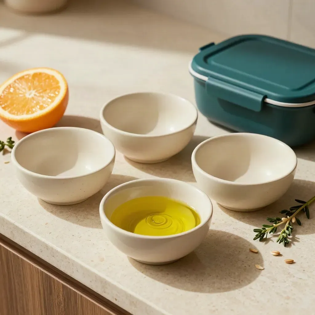 Meal-prep bowls with olive oil, citrus, herbs, and a covered lunch container on travertine.