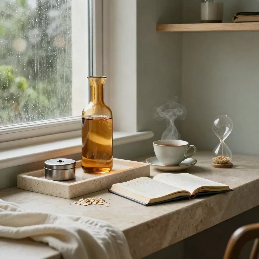 Wellness nook with water carafe, tea, pill caddy, journal, and hourglass in rain-lit morning haze