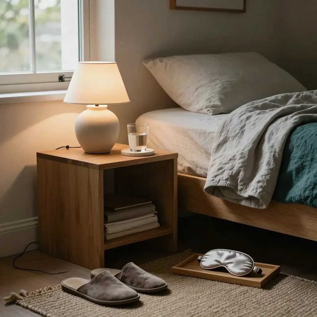 Calm bedroom setup with lamp, weighted blanket, water glass, slippers, and eye mask in warm light