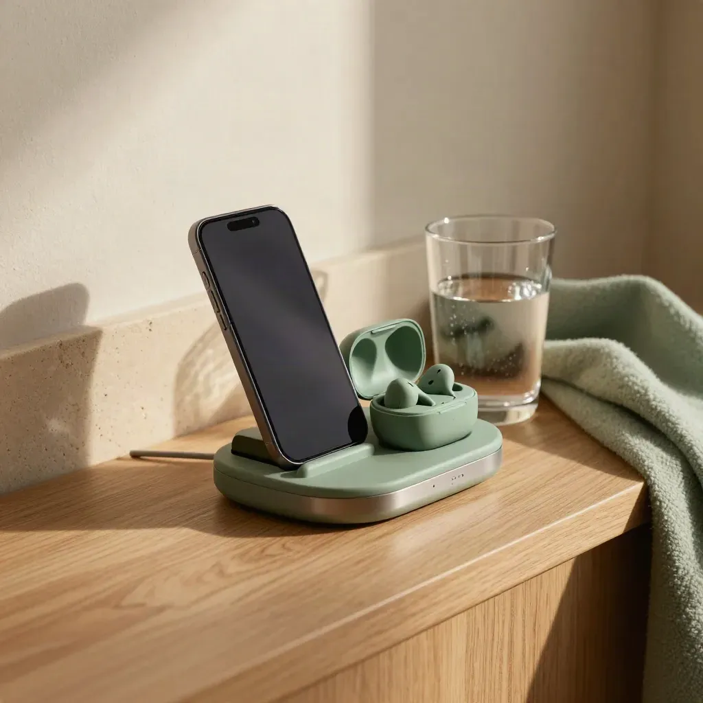 Telehealth nook with earbuds, phone dock, charging base, water glass, and folded throw by a window