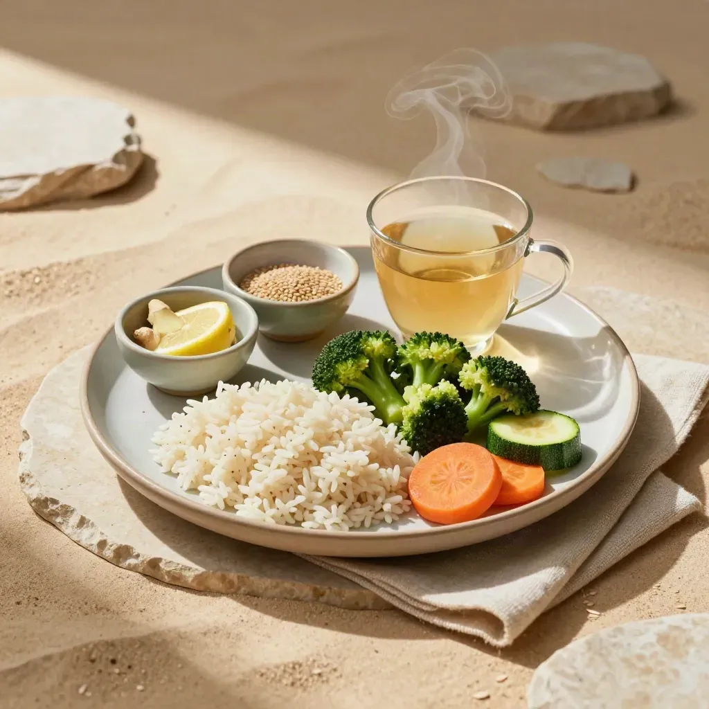 Rice lunch plate, herbal tea steam, and small ingredient bowls on stone