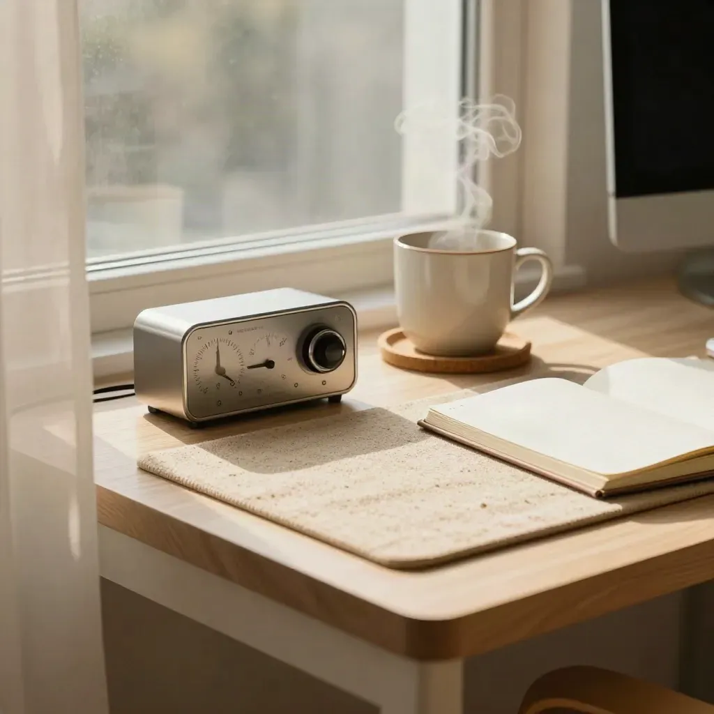 Quiet home office reset corner with timer, steam mug, standing mat, and closed notebook.