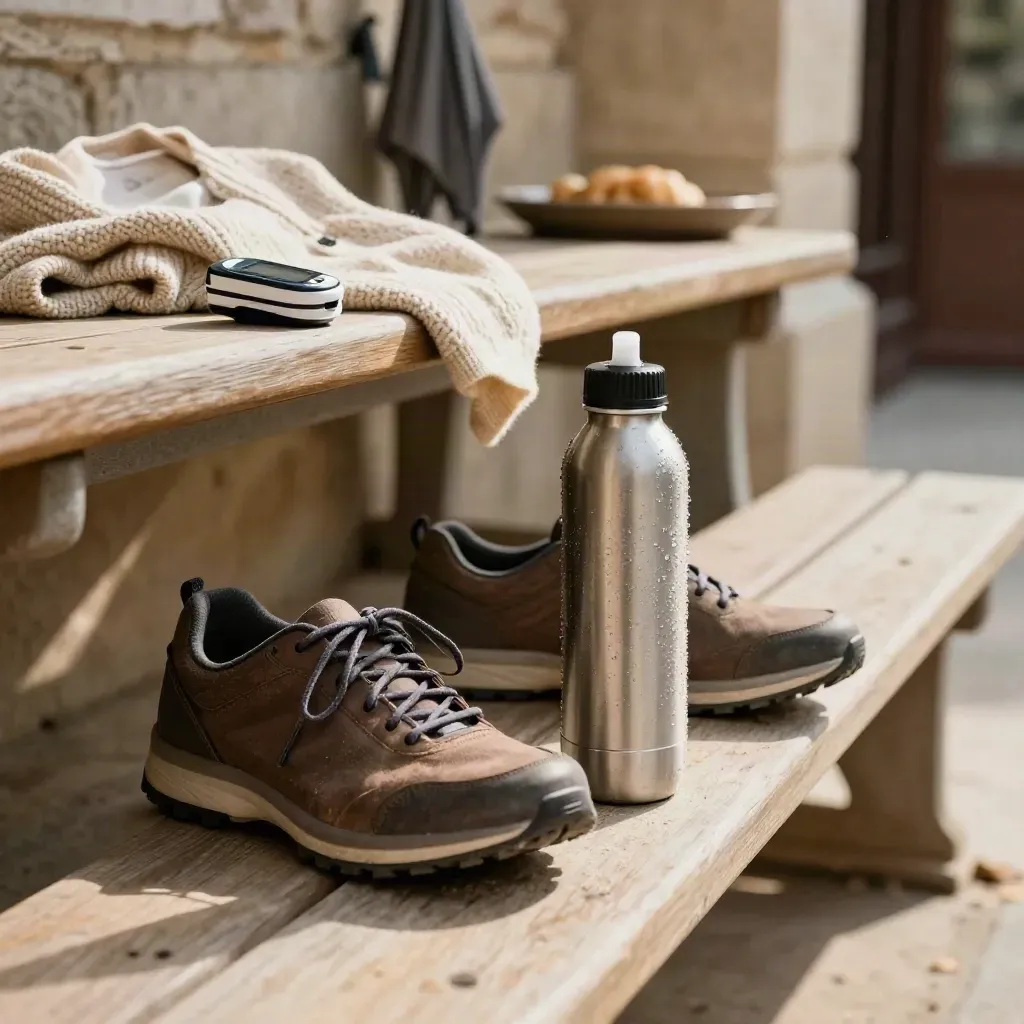 Low-angle entryway still life with walking shoes, hydration bottle, pulse oximeter and cardigan.