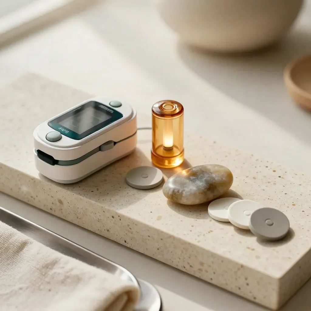 Macro still life of recovery coaching tools on travertine with an amber timer and habit tokens.