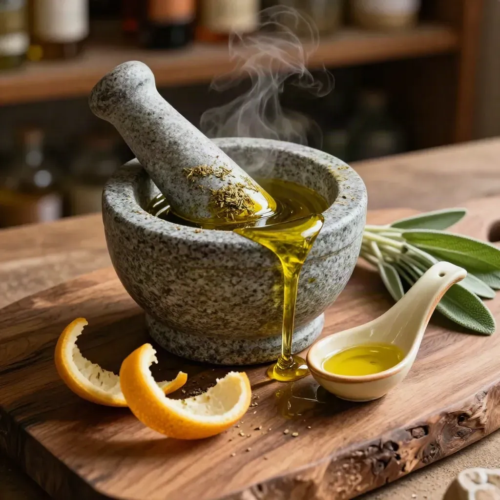 Olive oil, citrus peel, mortar and pestle, herbs, and tasting spoon on walnut slab.