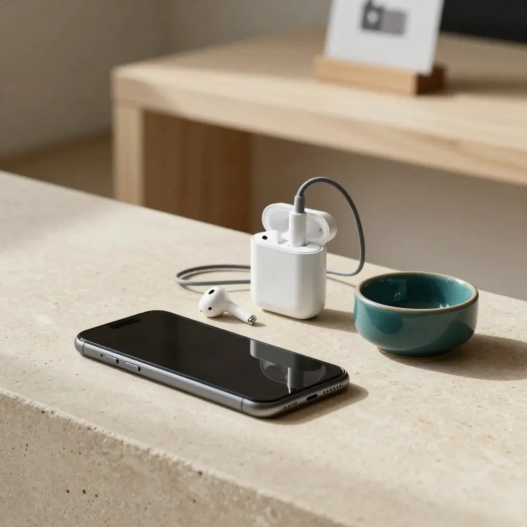 Phone, earbuds, charger and teal catchall on stone in a calm booking-ready still life.