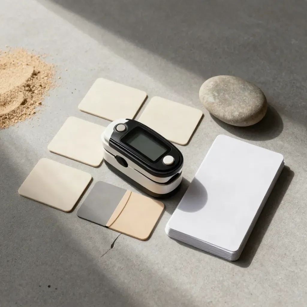 Overhead still life of health tracking tools on concrete with neutral color tabs