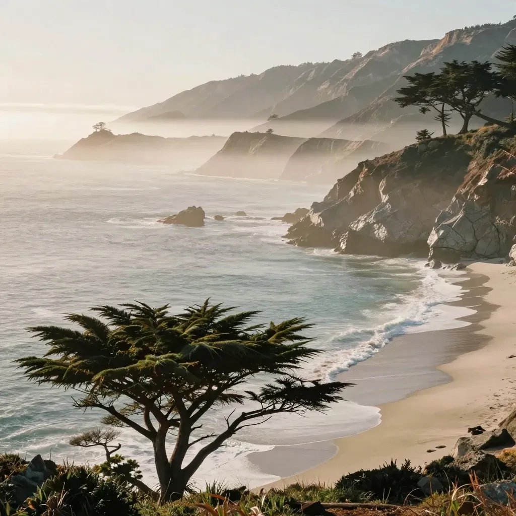 Big Sur cliffs and eucalyptus at sunrise with fog lifting over the ocean