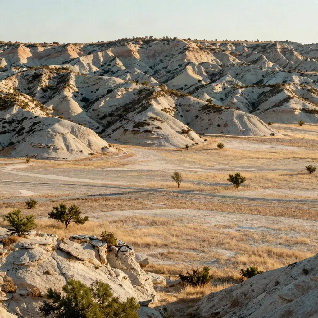 Golden Texas hill country ridge with mesquite, limestone, and heat haze at sunrise.