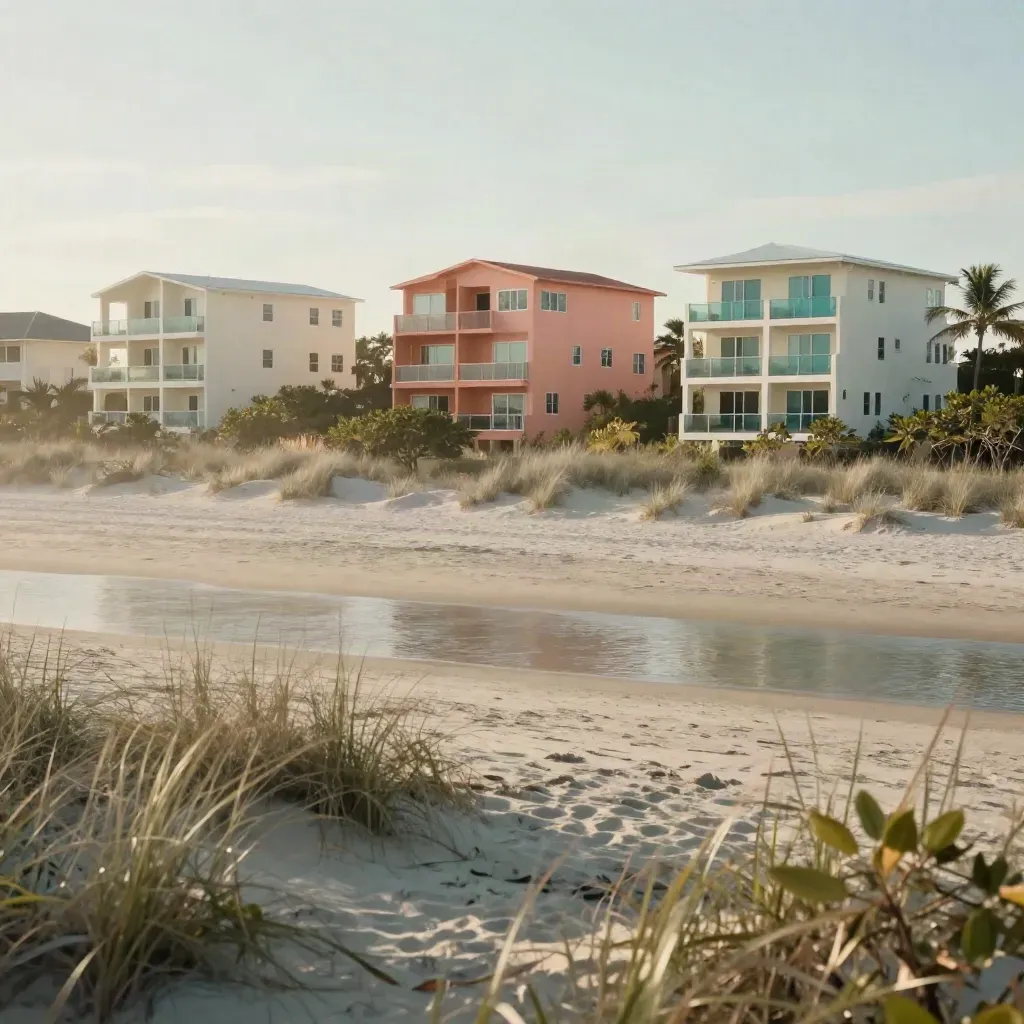 Pastel Florida shoreline buildings above a misty beach and mangrove edge at dawn