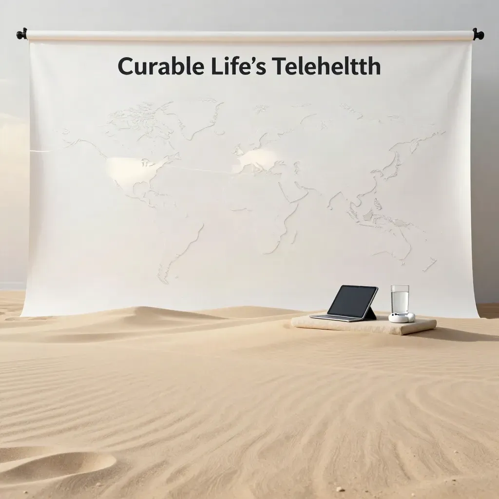 Pale plaster and sand horizon with telehealth devices and calm open copy space